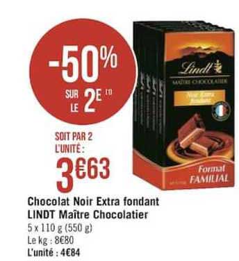 chocolat noir extra fondant lindt maître chocolatier -50% sur le 2e