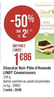 chocolat noir pâte d'amande lindt connaisseurs -50% sur le 2e