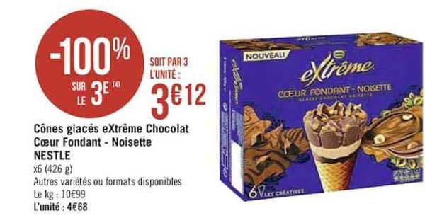Cônes Glacés Extrême Chocolat Cœur Fondant Noisette Nestlé -100% Sur Le 3e
