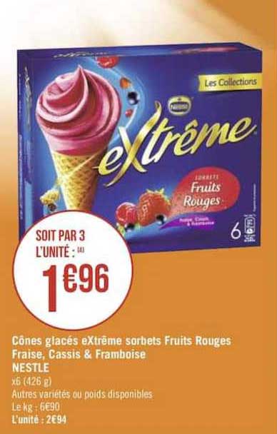 Cônes Glacés Extrême Sorbets Fruits Rouges Fraise, Cassis & Framboise Neslté