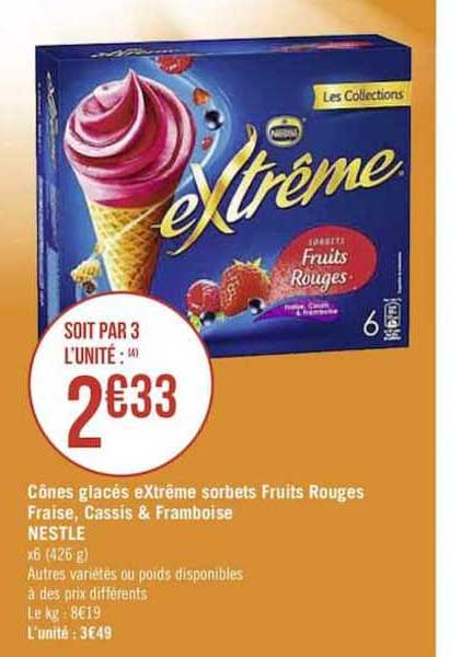 Cônes Glacés Extrême Sorbets Fruits Rouges Fraise Cassis & Framboise Nestlé