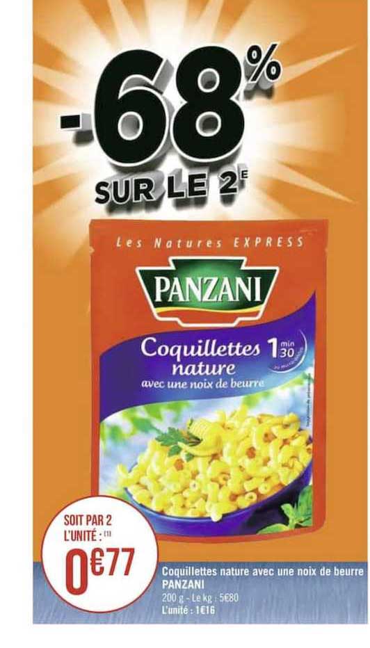 coquillettes nature avec une noix de beurre panzani -68% sur le 2e