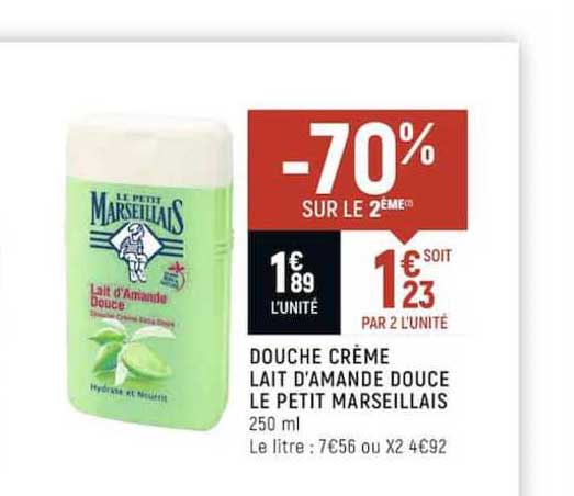 douche crème lait d'amande douce le petit marseillais -70% sur le 2ème