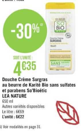 douche crème surgras au beurre de karité bio sans sulfates et parabens so'bioétic lea nature