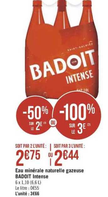 eau minérale naturelle gazeuse badoit intense -50% sur le 2e ou -100 sur le 3ème