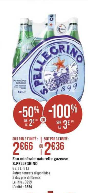 eau minérale naturelle gazeuse s. pellegrino -50% sur le 2e ou  -100 sur le 3ème