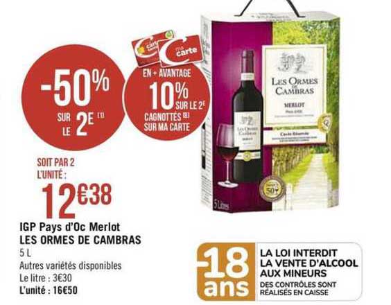 igp pays d'oc merlot les ormes de cambras -50% sur le 2e
