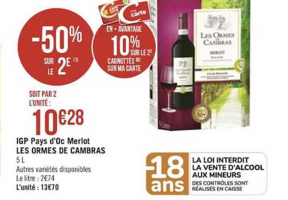 igp pays d'oc merlot les ormes de cambras -50% sur le 2e