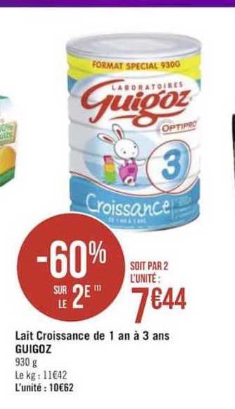 lait croissance de 1 an à 3 ans guigoz -60% sur le 2e
