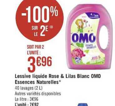lessive liquide rose & lilas blanc omo essences naturelles -100% sur le 2e
