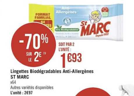lingettes biodégradables anti allergènes st marc -70% sur le 2e