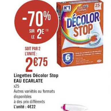 lingettes décolor stop eau écarlate -70% sur le 2e