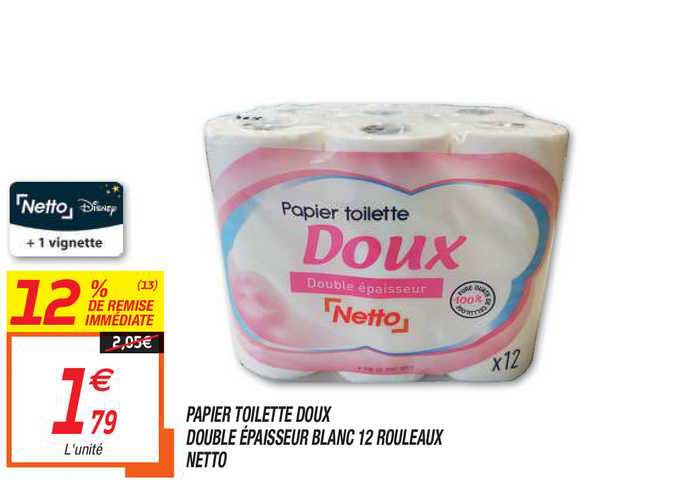Papier Toilette Doux Double épaisseur Blanc 12 Rouleaux Netto 12% De Remise Immédiate