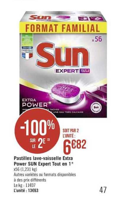 pastilles lave vaisselle extra power sun expert tout en 1 -100% sur le 2e