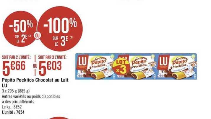 pépito pockitos chocolat au lait lu -50% sur le 2e ou -100% sur le 3e