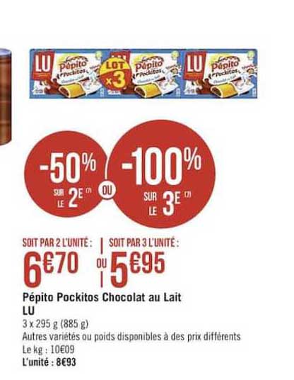 pépito pockitos chocolat au lait lu -50% sur le 2e ou -100% sur le 3e