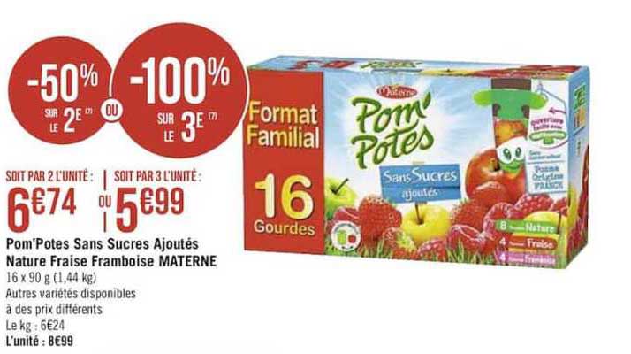 Pom'potes Sans Sucres Ajoutés Nature Fraise Framboise Materne -50% Sur Le 2e Ou -100% Sur Le 3e