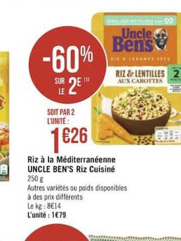 riz à la méditerranéenne uncle ben's riz cuisiné -60% sur le 2e