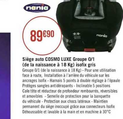 Siège Auto Cosmo Luxe Groupe 0 1 (de La Naissance à 18 Kg) Isofix Gris