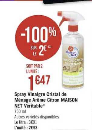 Spray Vinaigre Cristal De Ménage Arôme Citron Maison Net Véritable -100% Sur Le 2e