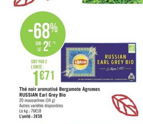 thé noir aromatisé bergamote agrumes russian eart grey bio -68% sur le 2e
