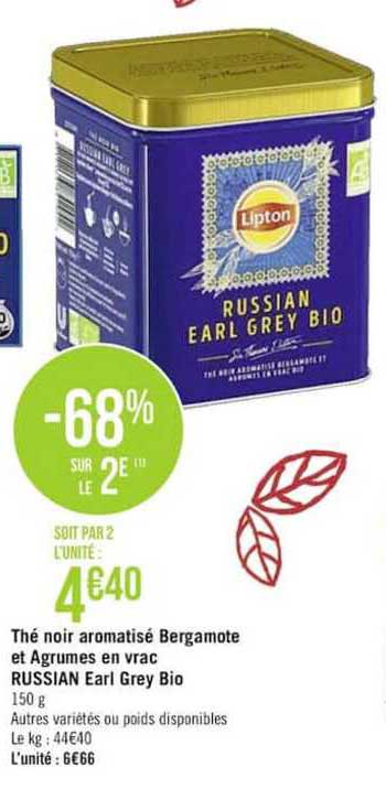 thé noir aromatisé bergamote et agrumes en vrac russian earl grey bio -68% sur le 2e