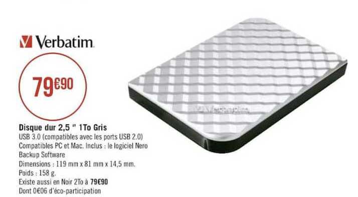 verbatim disque dur 2.5" 1to gris
