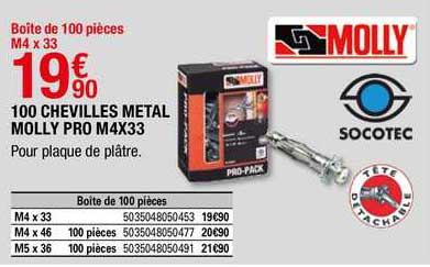 100 chevilles metal molly pro m4x33 molly socotec