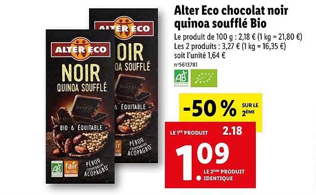 alter eco chocolat noir quinoa soufflé bio