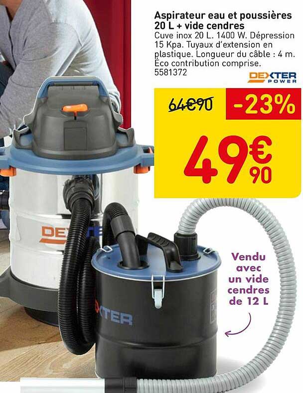 aspirateur eau et poussières 20 l + vide cendres dexter