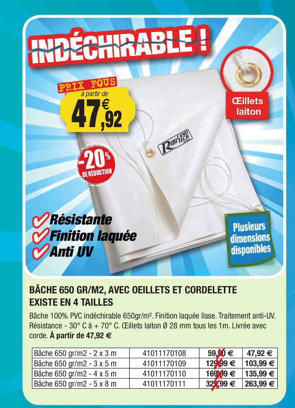 bâche 650 gr m2 avec œillets et cordelette existe en 4 tailles