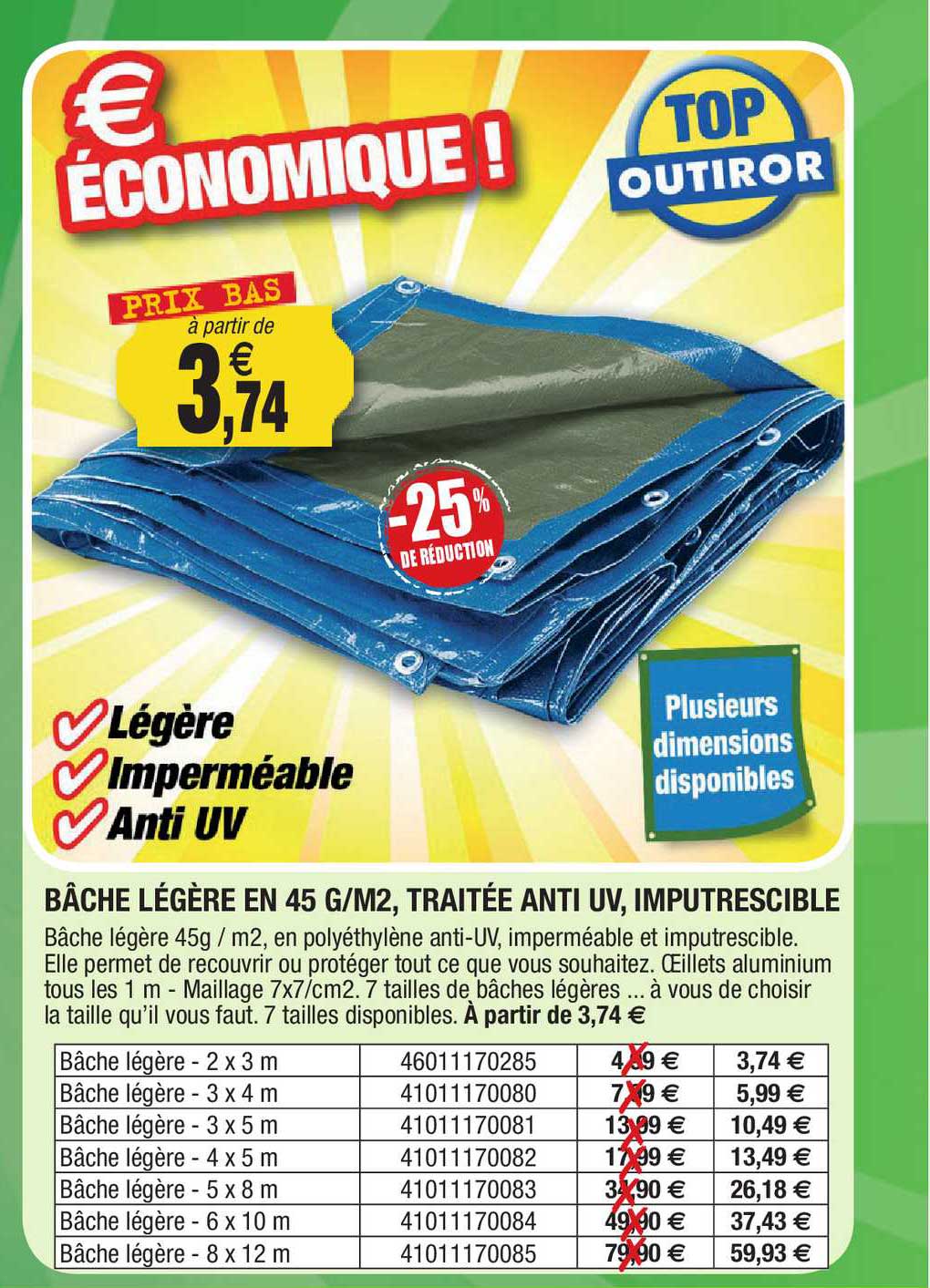 bâche légère en 45 g m2 traitée anti uv imputrescible