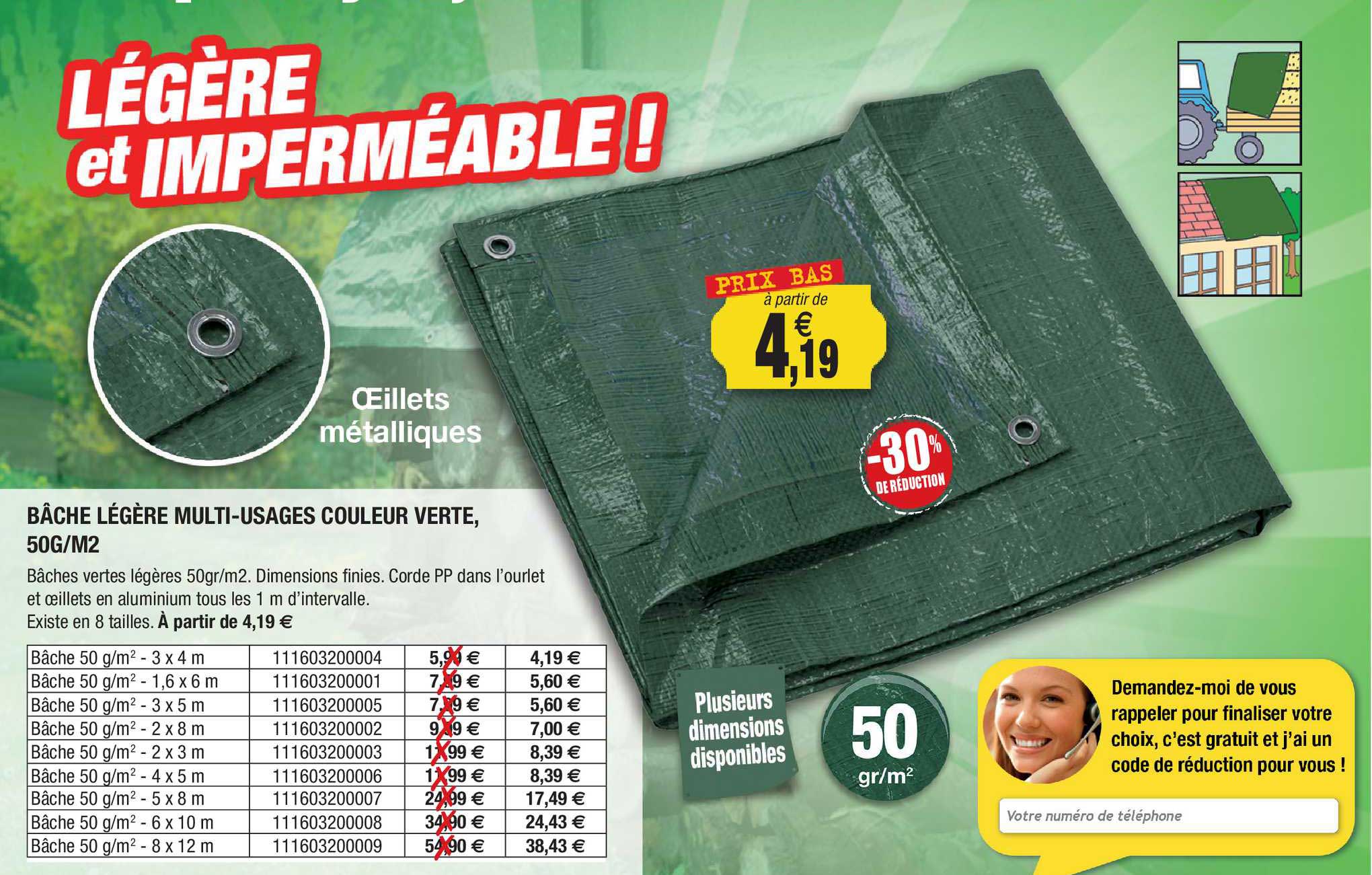 bâche légère multi-usages couleur verte 50g m2