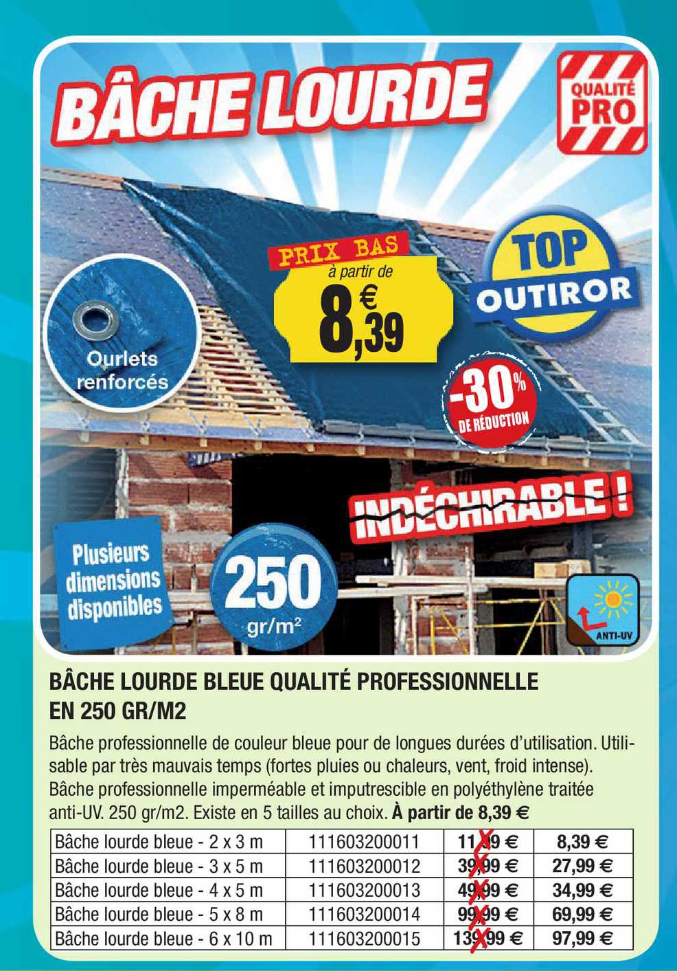bâche lourde bleue qualité professionnelle en 250 gr m2