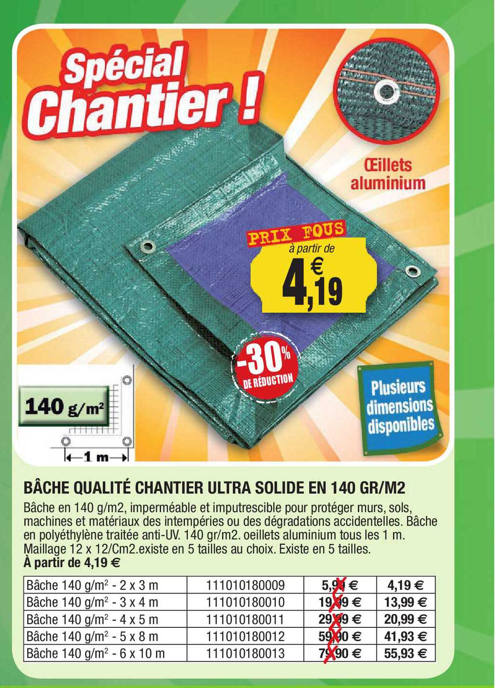 Bâche Qualité Chantier Ultra Solide En 140 Gr M2
