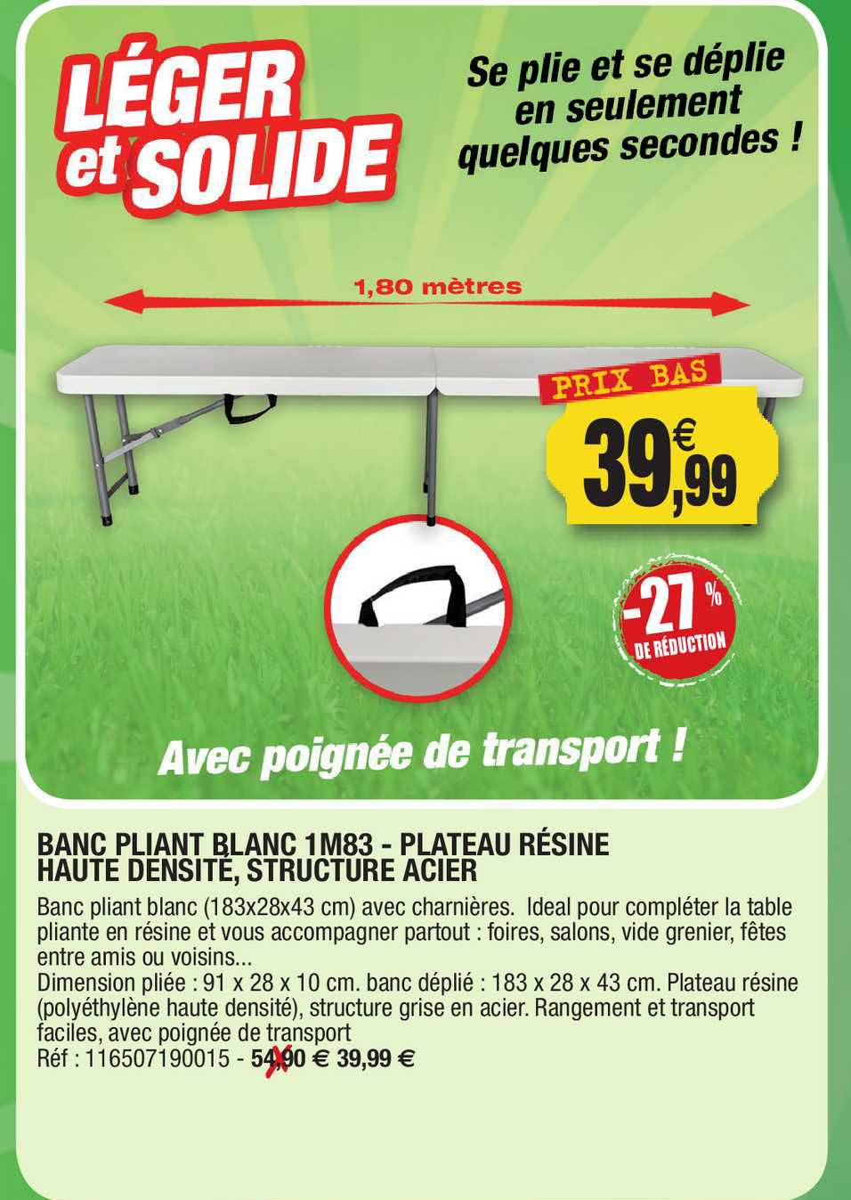 banc pliant blanc 1m83 - plateau résine haute densité structure acier -27% de réduction