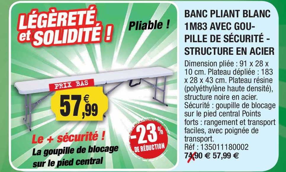 banc pliant blanc 1m83 avec goupille de sécurité - structure en acier -23% de réduction