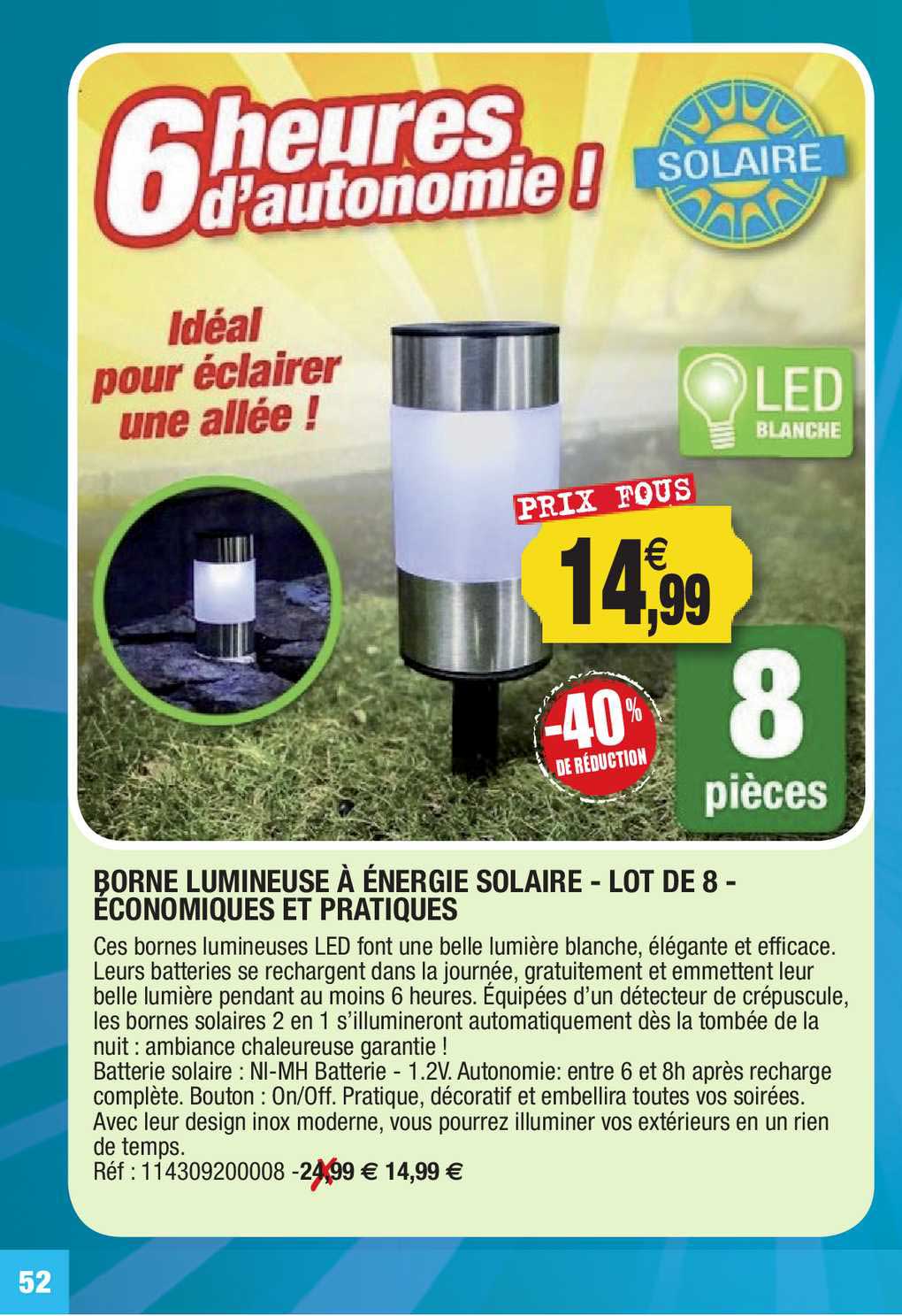 borne lumineuse à énergie solaire -  lot de 8 - économiques et pratiques