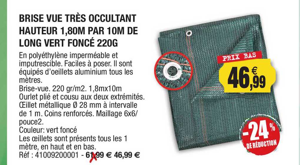 brise vue très occultant hauteur 1.80m par 10m de long vert foncé 220g -24% de réduction