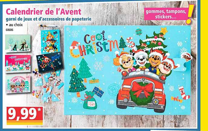calendrier de l'avent garnie de jeux et d'accessoirs de papeterie