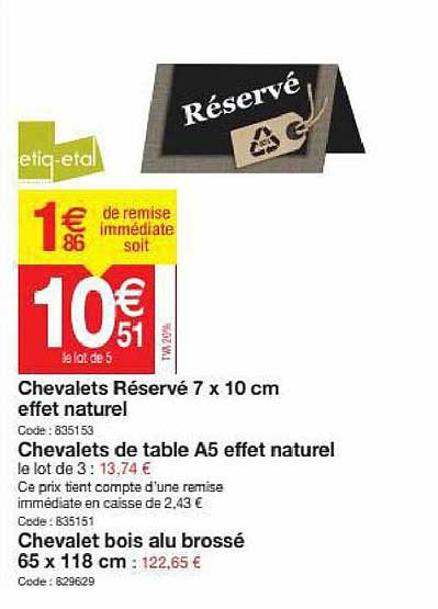 chevalets réservé 7 x 10 cm effet naturel, chevalets de table a5 effet naturel, chevalet bois alu brossé
