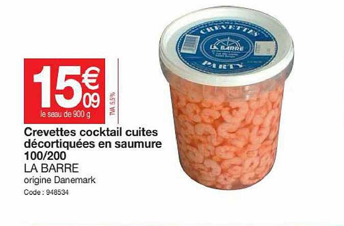 Crevettes Cocktail Cuites Décortiquées En Saumure 100-200 La Barre
