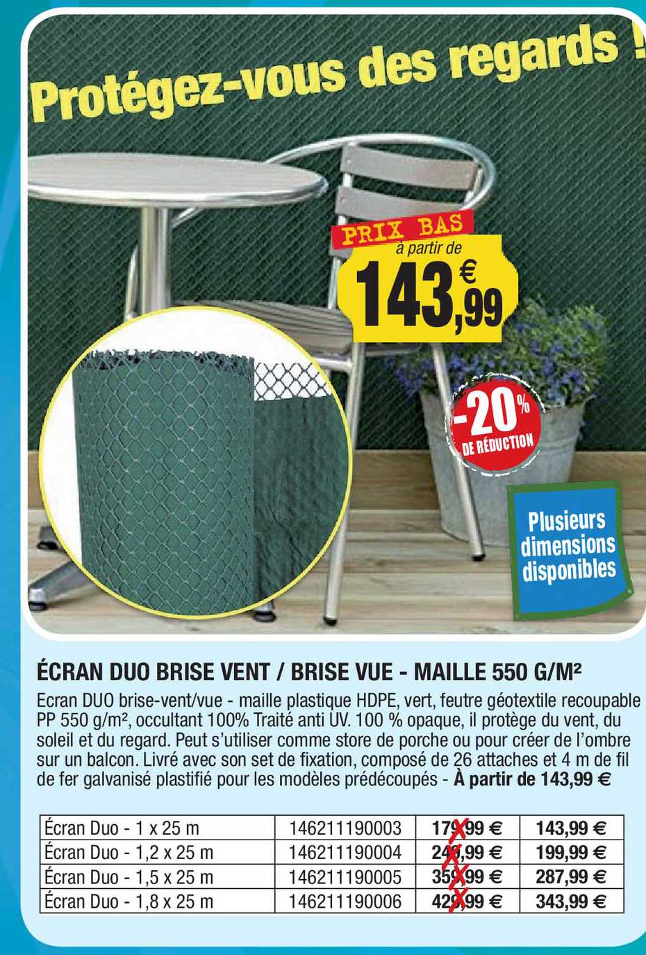 écran duo brise vent brise vue - maille 550 g m²