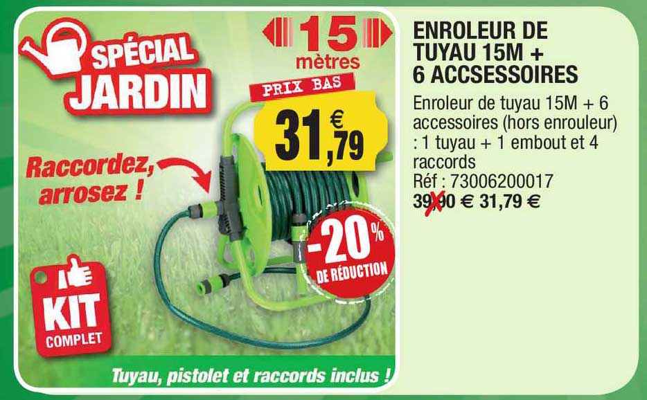 enrouleur de tuyau 15m + 6 accessoires