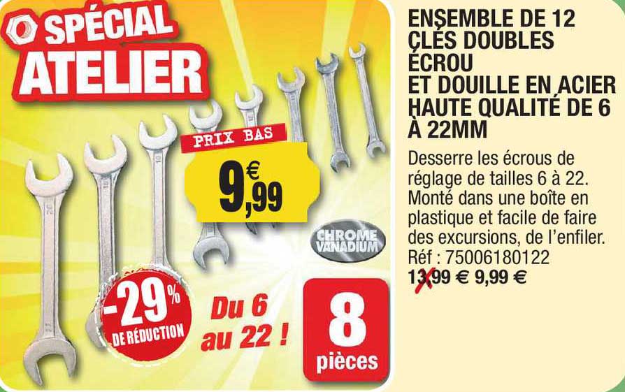ensemble de 12 clés double écroui et douille en acier haute qualité de 6 à 22 mm