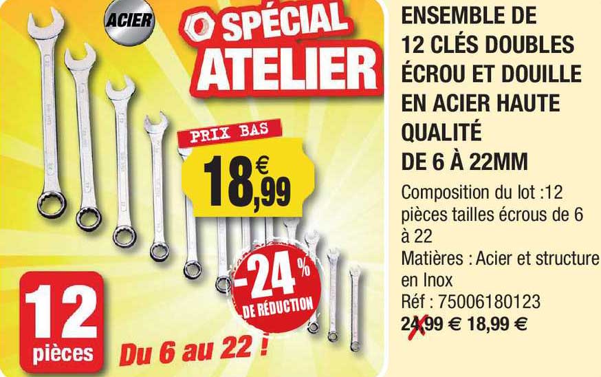 ensemble de 12 clés doubles écrou et douille en acier haute qualité de de 6 à 22mm