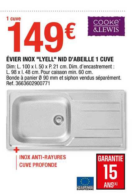 évier inox "lyell" nid d'abeille 1 cuve cooke&lewis