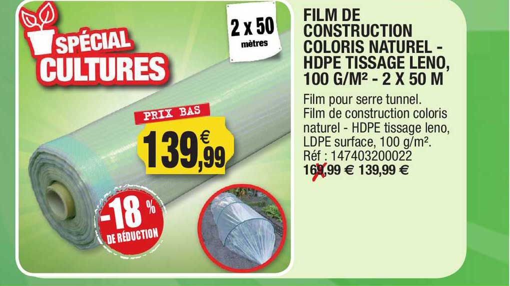film de construction coloris naturel - hdpe tissage leno 100 g m² - 2 x 50 m