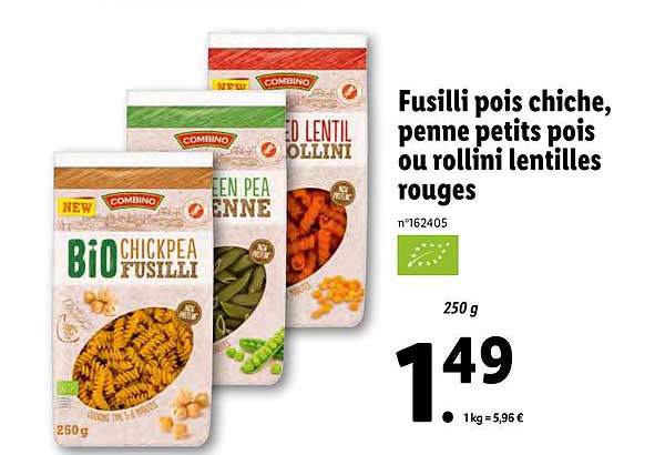 fusilli pois chiche, penne petits pois ou rollini lentilles rouges combino