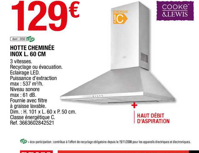 hotte cheminée inox l. 60 cm cooke&lewis